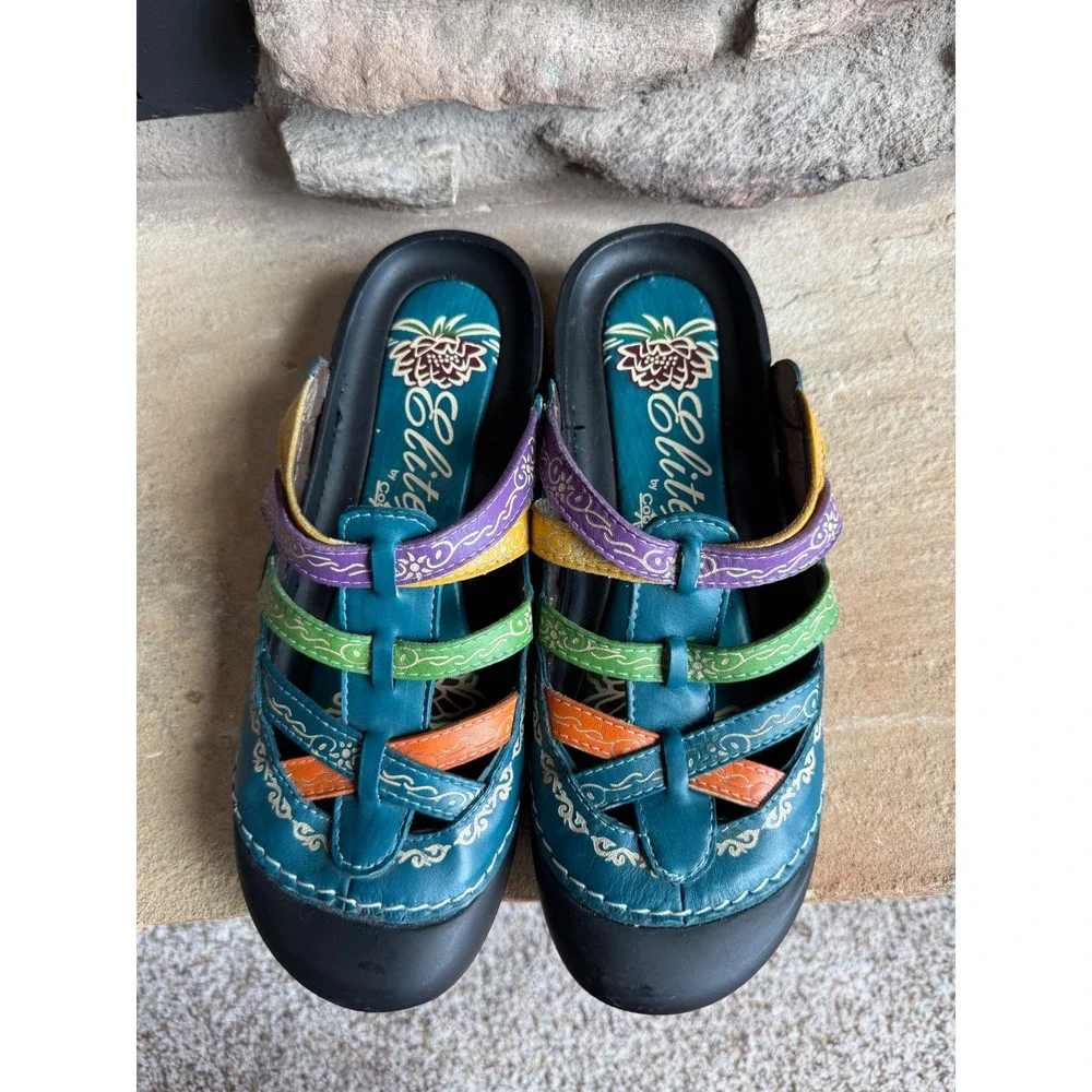 Elite by Corkys Rock Teal Multi Color Leather Artisan Sandals Women's 9 Granola